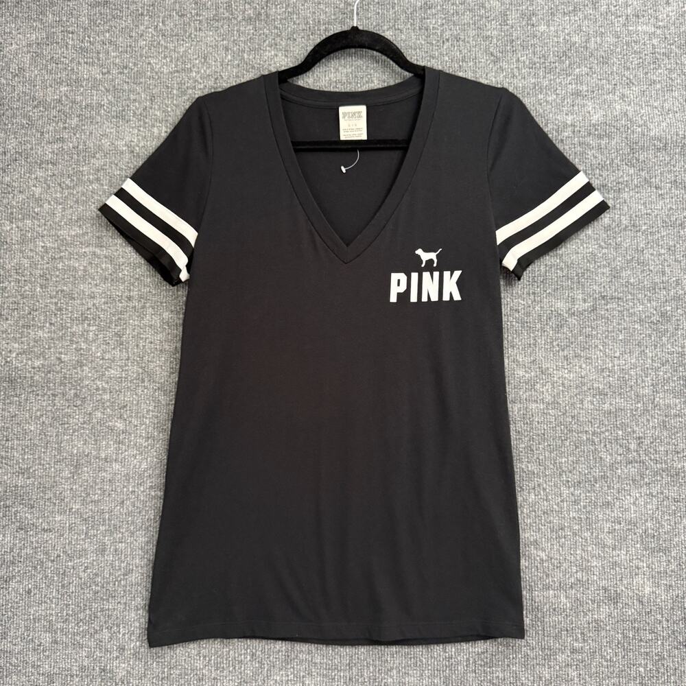 Victoria's Secret PINK T Shirt Tee Womens Large Black White V-Neck Spellout EUC